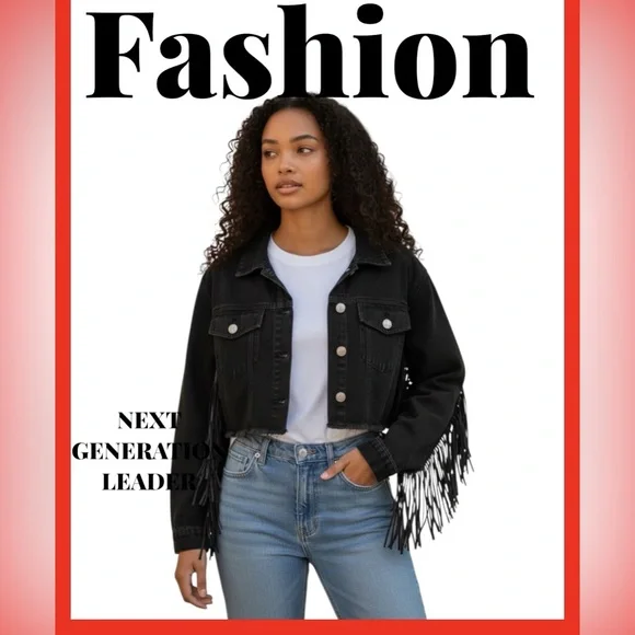 Vintage Y2K black Fringe Denim Jacket new without tags - Picture 7 of 11